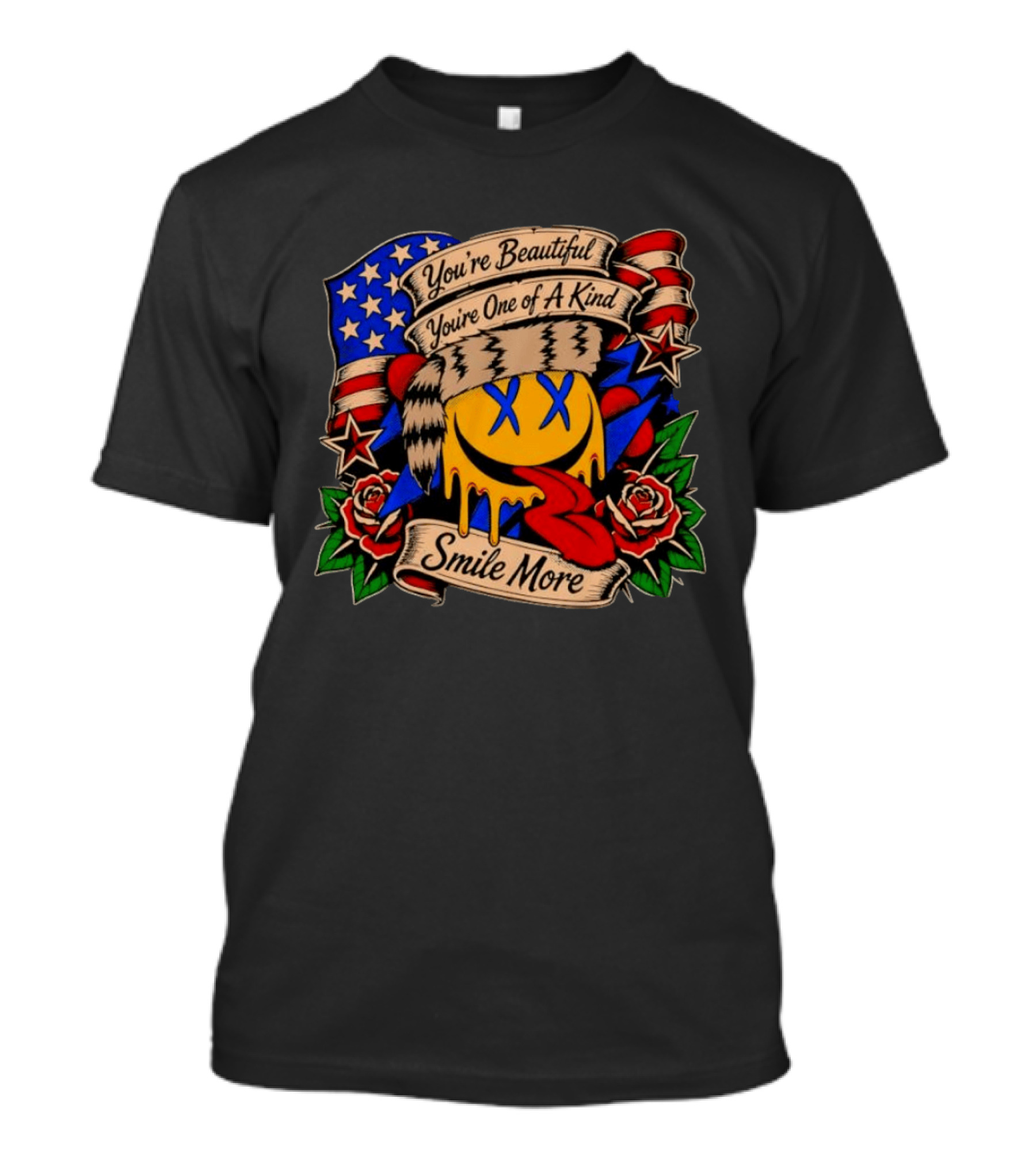 Smile More You're Beautiful You're One Of A Kind American Flag Roses Smiley Face T-Shirt