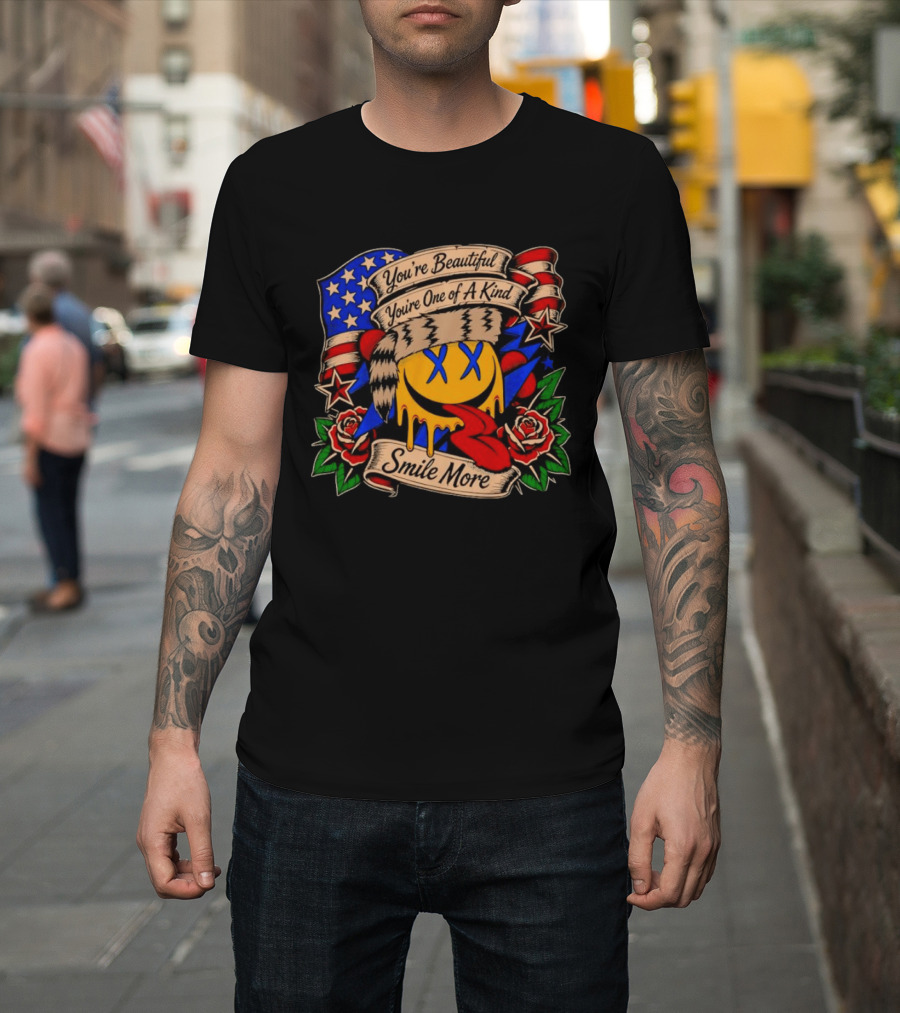 Smile More You're Beautiful You're One Of A Kind American Flag Roses Smiley Face T-Shirt