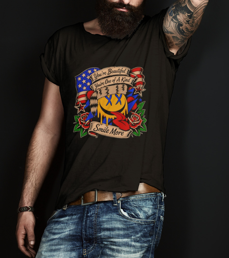 Smile More You're Beautiful You're One Of A Kind American Flag Roses Smiley Face T-Shirt