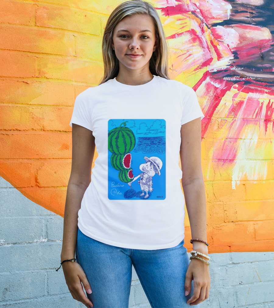 Monkey D Luffy Watermelon Eating Art By Eiichiro Oda One Piece Ocean Scene T-Shirt