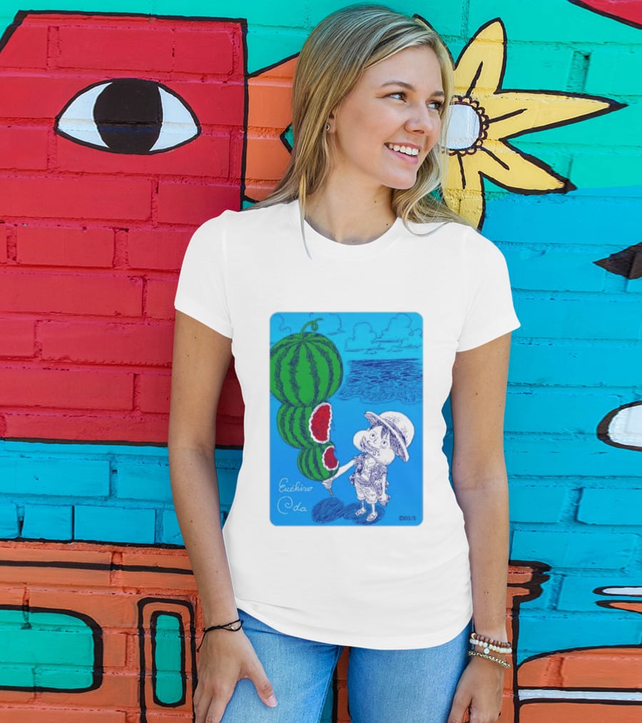 Monkey D Luffy Watermelon Eating Art By Eiichiro Oda One Piece Ocean Scene T-Shirt