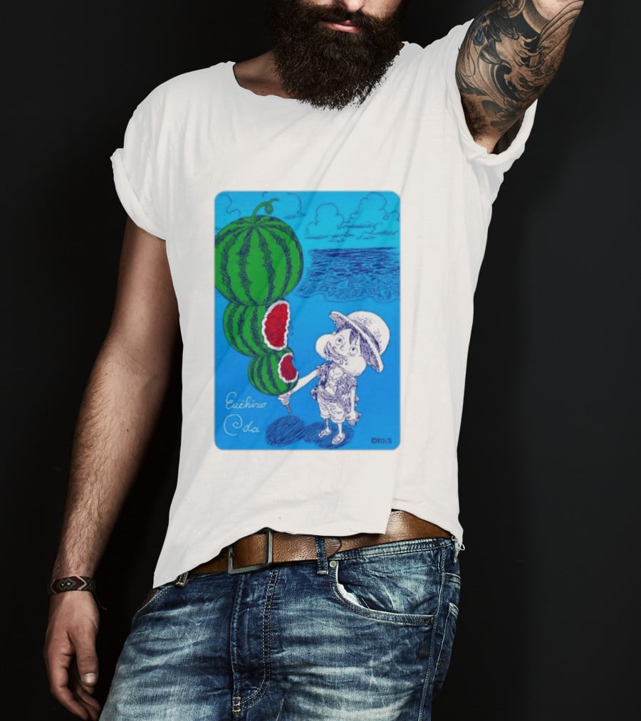 Monkey D Luffy Watermelon Eating Art By Eiichiro Oda One Piece Ocean Scene T-Shirt