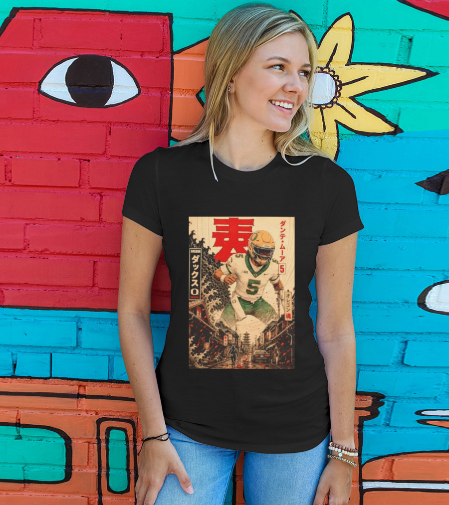 Dante Moore Number 5 Oregon Ducks Football Japanese Art Style Rugged City Scene T-Shirt