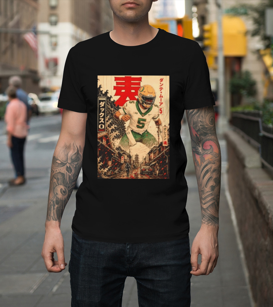 Dante Moore Number 5 Oregon Ducks Football Japanese Art Style Rugged City Scene T-Shirt