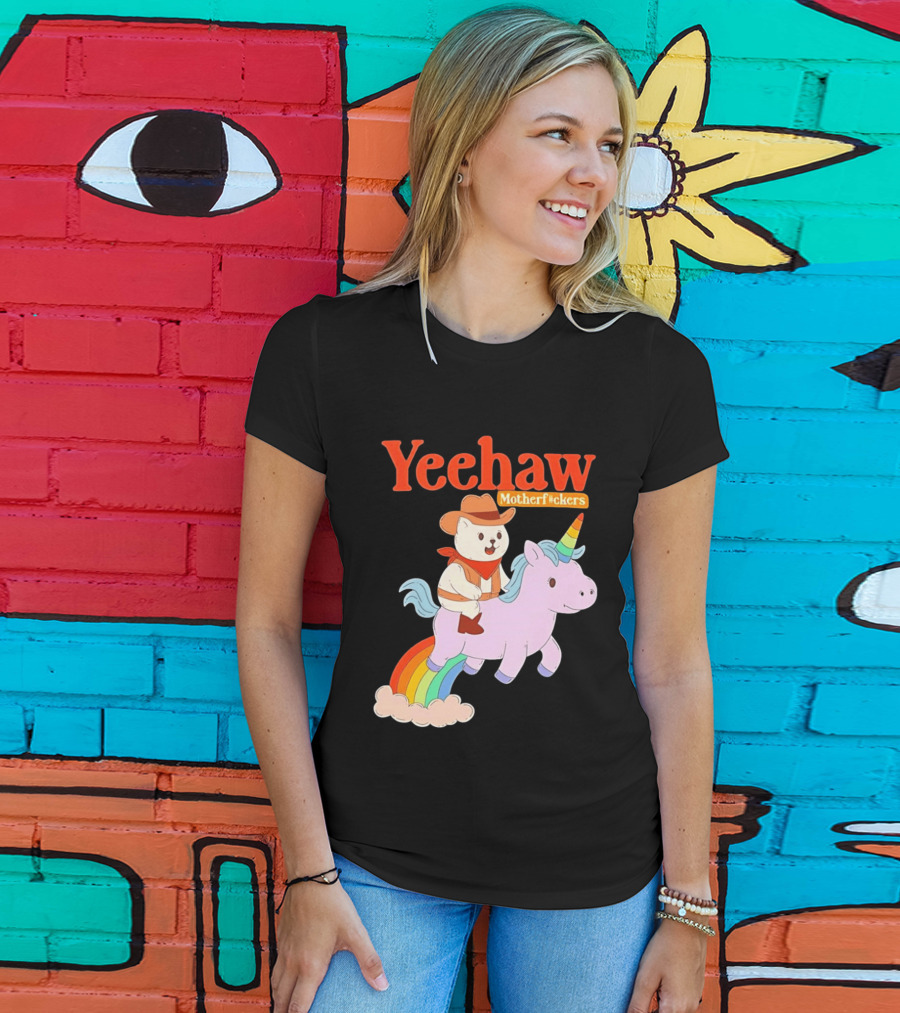 Yeehaw Motherfuckers Cat Cowboy On Rainbow Unicorn T-Shirt