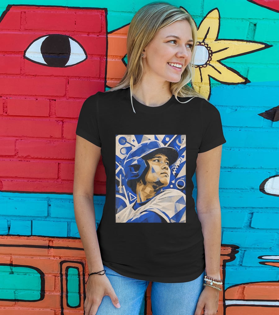 Baseball Player In Geometric Blue Abstract T-Shirt