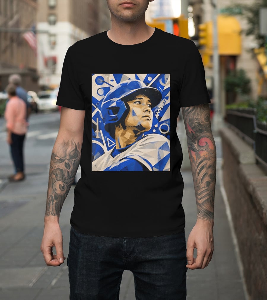 Baseball Player In Geometric Blue Abstract T-Shirt