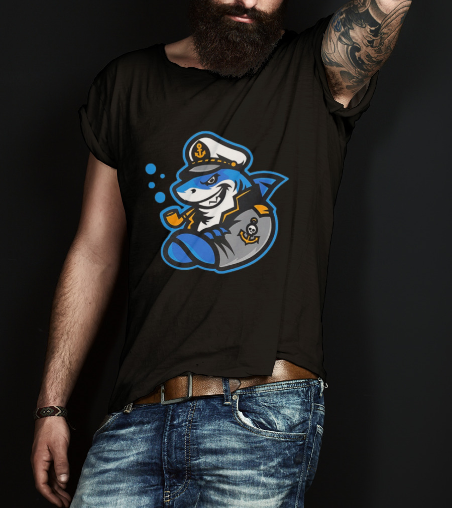 Captain Shark Nautical Sea Captain Smoking Pipe With Anchor Patch T-Shirt