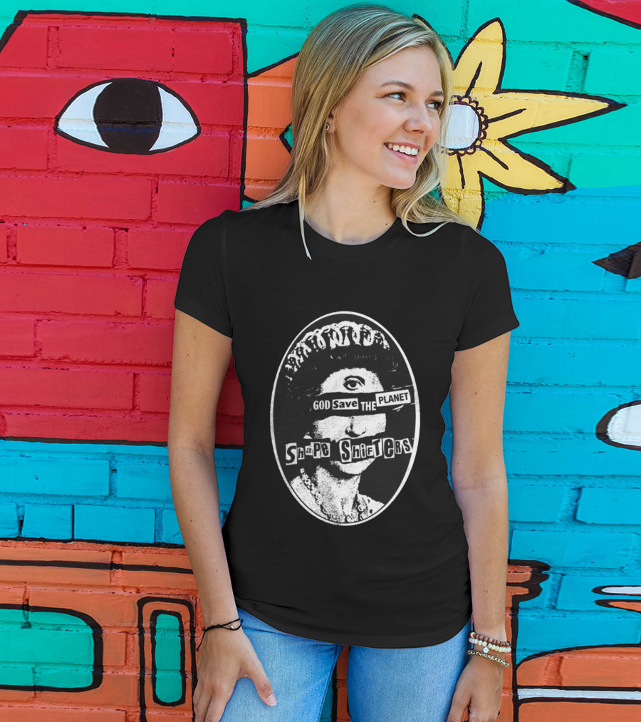 God Save The Planet Shape Shifters Queen Elizabeth Iconic Collage T-Shirt