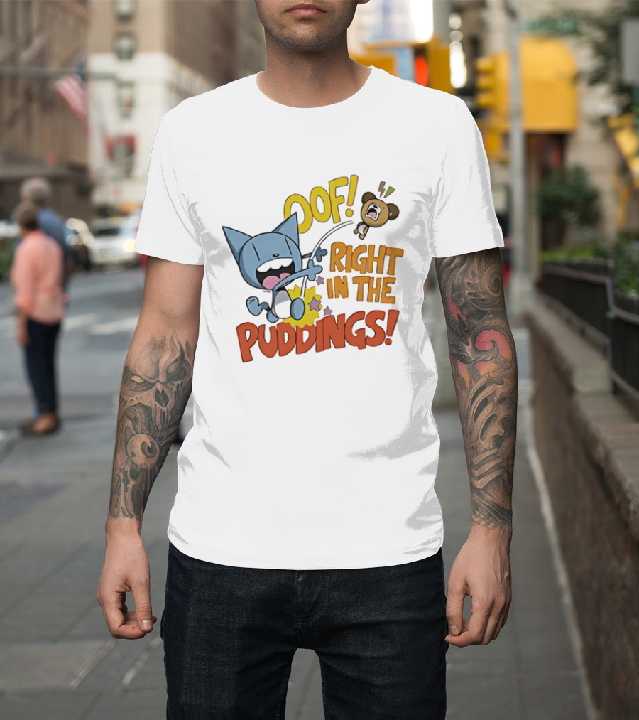 Looshkin Oof Right In The Puddings Funny Cat And Bear Cartoon Humor T-Shirt