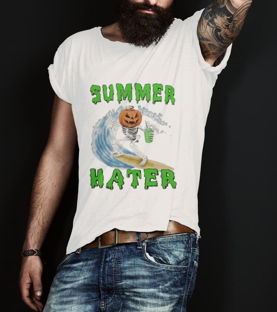 Skeleton With Pumpkin Head Surfing Wave Summer Hater T-Shirt