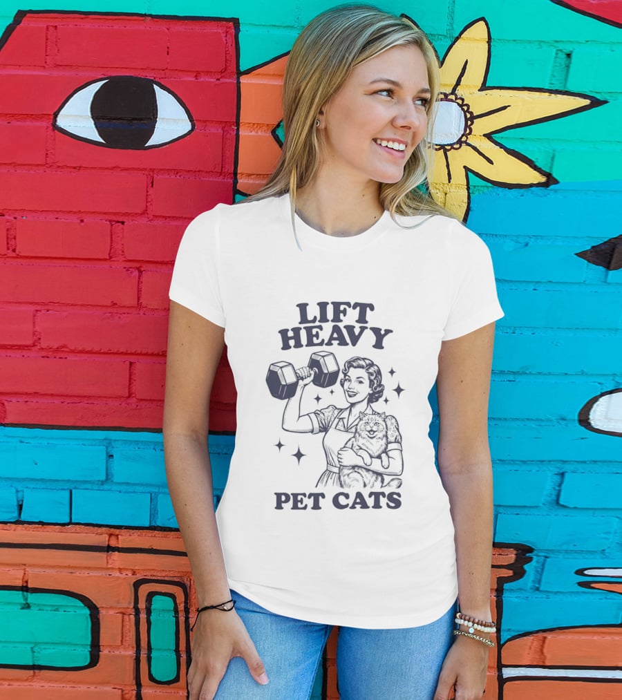 Lift Heavy Pet Cats Strong Woman Fitness Workout Retro Dumbbell T-Shirt