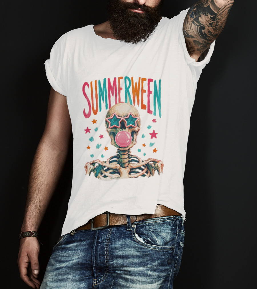 Summerween Skeleton Bubblegum Skull With Star Sunglasses T-Shirt