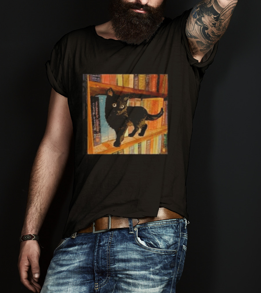 Black Cat On Bookshelf With Colorful Books T-Shirt