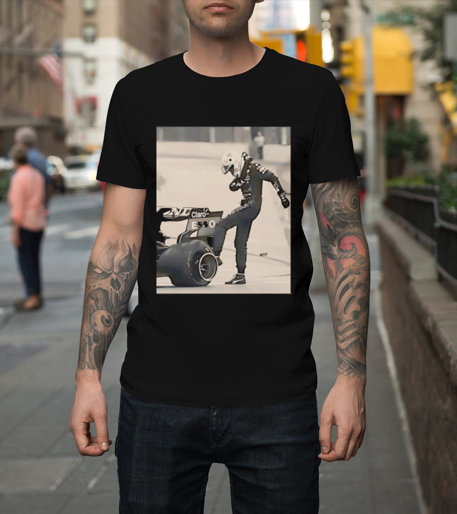 Max Verstappen Kicks Racing Tire Trackside In Racing Suit T-Shirt