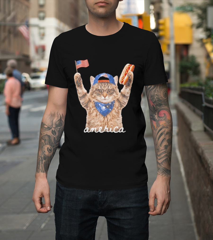 Patriotic Cat American Flag Hot Dog America Fourth Of July Celebration T-Shirt