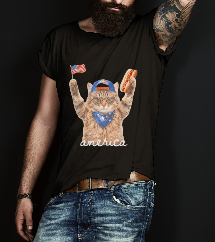 Patriotic Cat American Flag Hot Dog America Fourth Of July Celebration T-Shirt