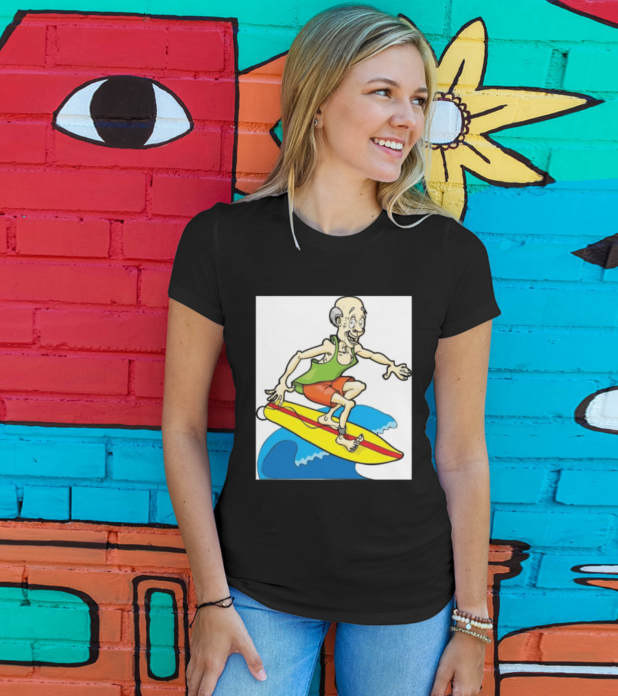 Retired Man Surfing Funny Cartoon Boomer On Yellow Board With Blue Waves T-Shirt