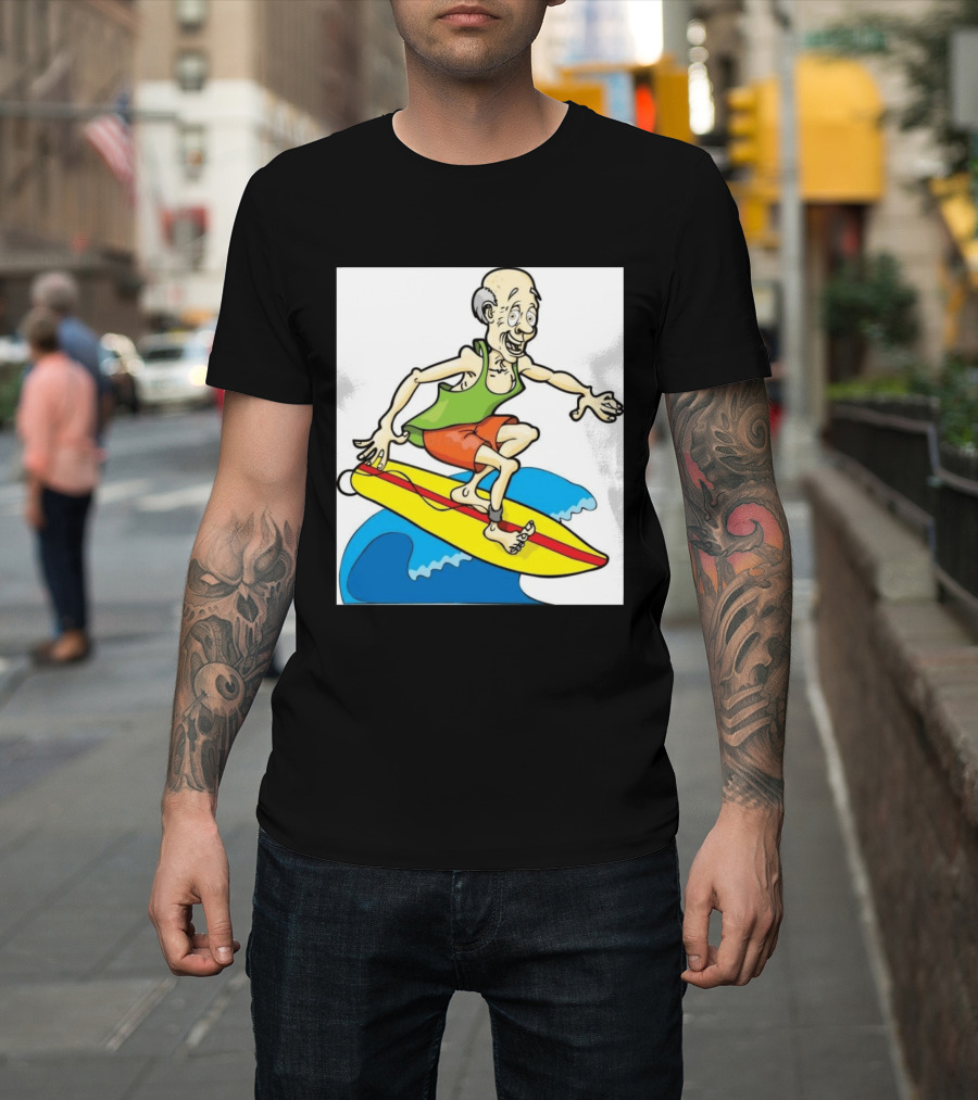 Retired Man Surfing Funny Cartoon Boomer On Yellow Board With Blue Waves T-Shirt
