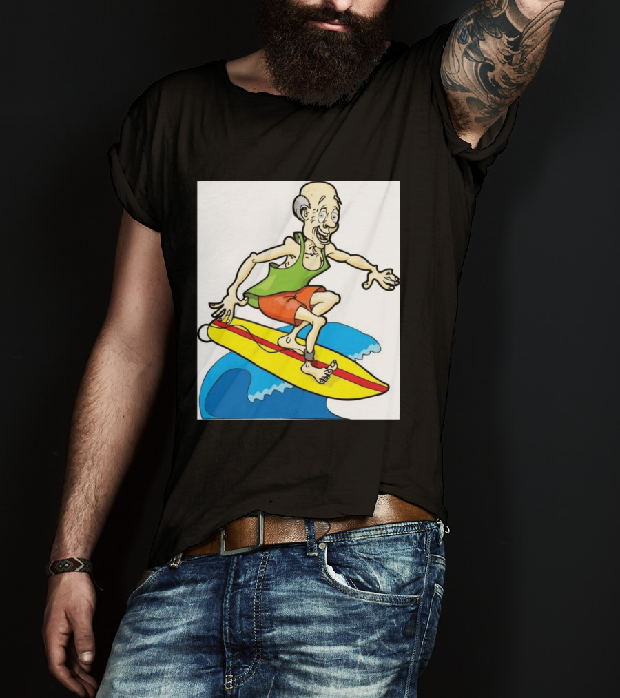 Retired Man Surfing Funny Cartoon Boomer On Yellow Board With Blue Waves T-Shirt