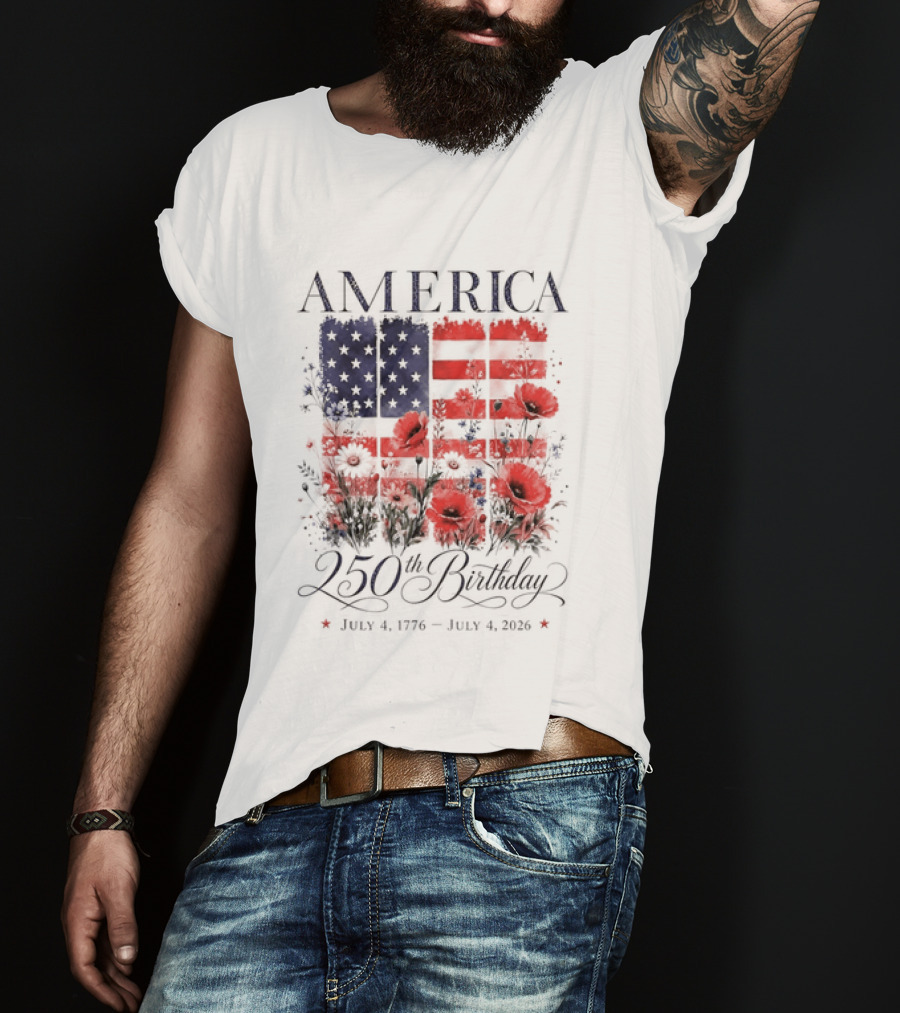 America 250th Birthday July 4 1776 2026 Floral Flag T-Shirt