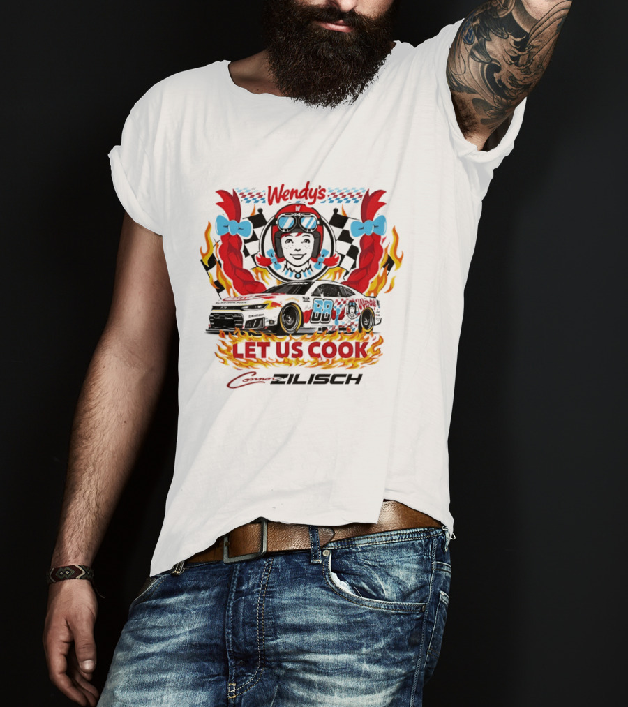 Wendy's Let Us Cook Connor Zilisch Racing Car Flames And Checkered Flag T-Shirt