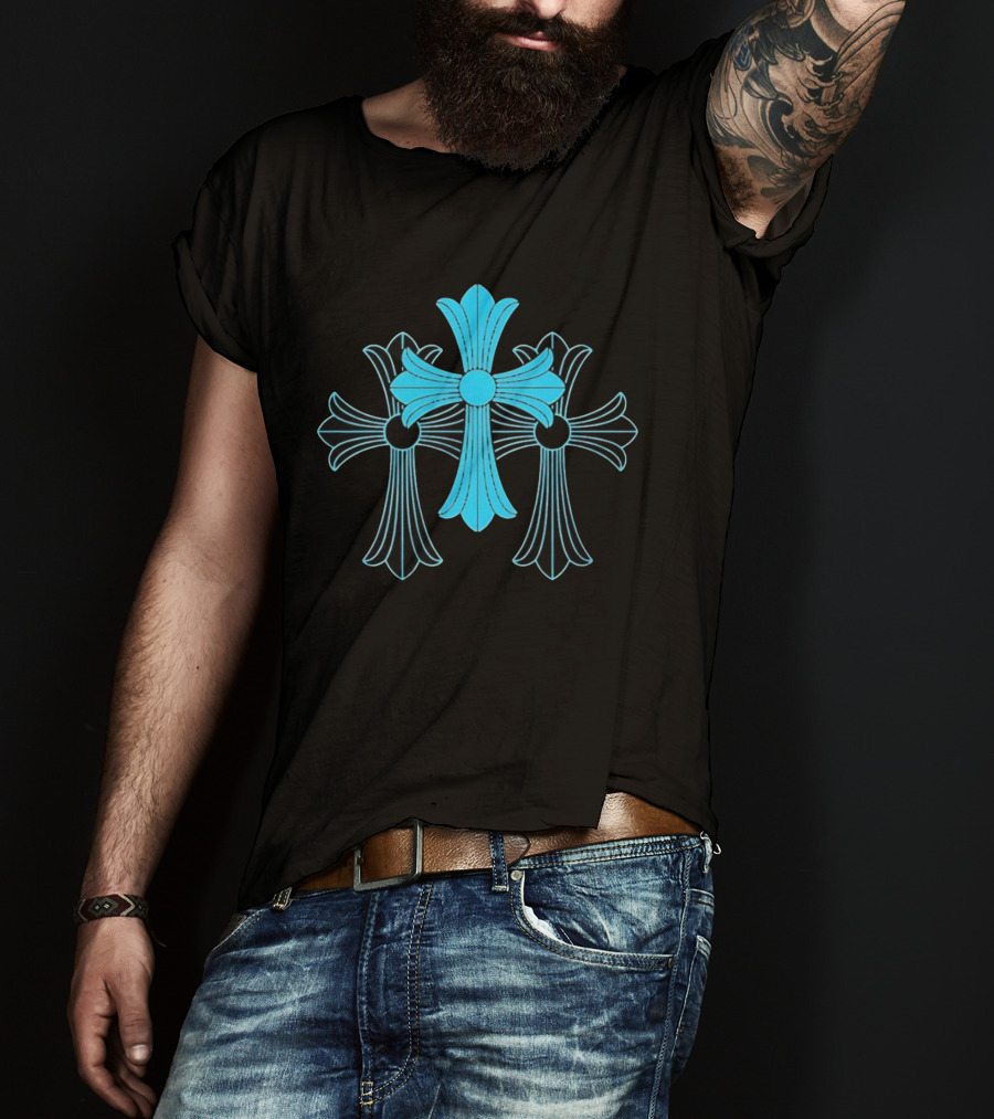 Blue Chrome Heart Cross Luxury Fashion Streetwear T-Shirt