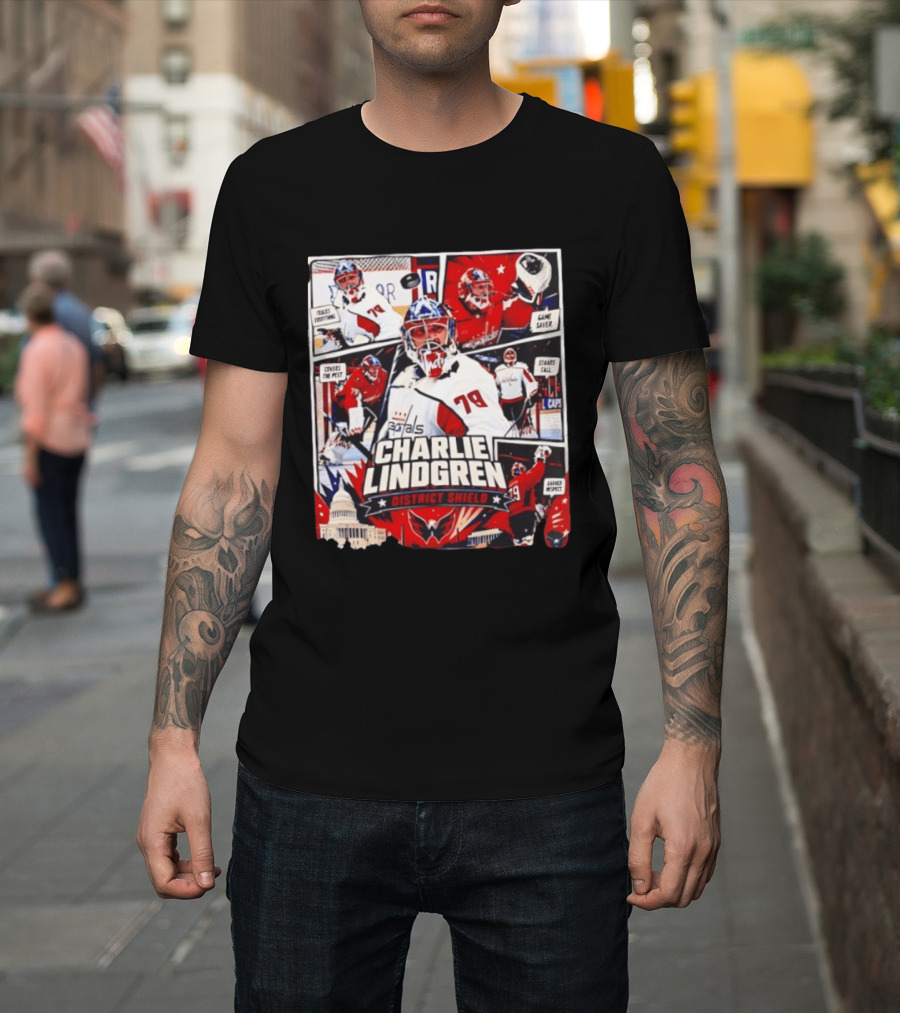 Charlie Lindgren Capitals District Shield Comic Style Hockey Action T-Shirt