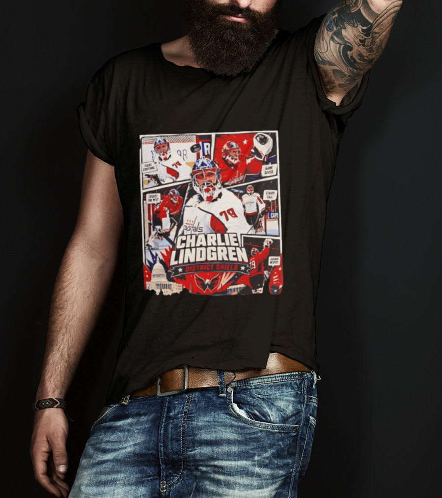 Charlie Lindgren Capitals District Shield Comic Style Hockey Action T-Shirt