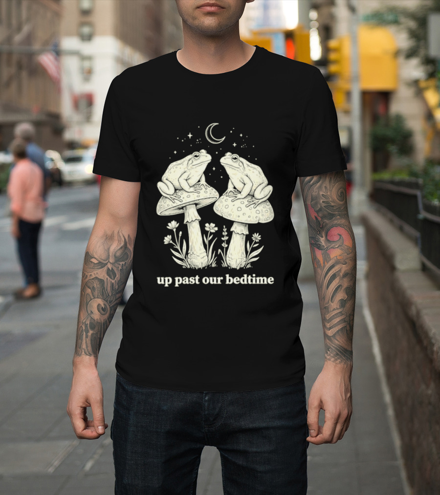 Two Frogs On Mushrooms Up Past Our Bedtime Night Sky Moon Stars T-Shirt