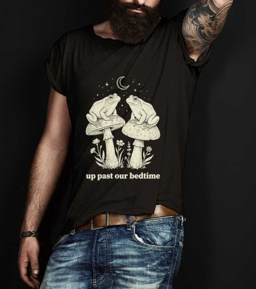 Two Frogs On Mushrooms Up Past Our Bedtime Night Sky Moon Stars T-Shirt