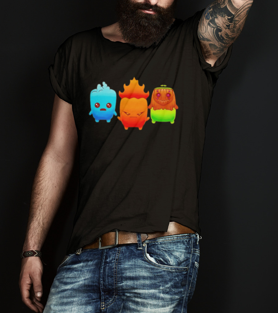 Water Fire And Earth Elemental Creatures Fireboy And Watergirl Cute Characters T-Shirt