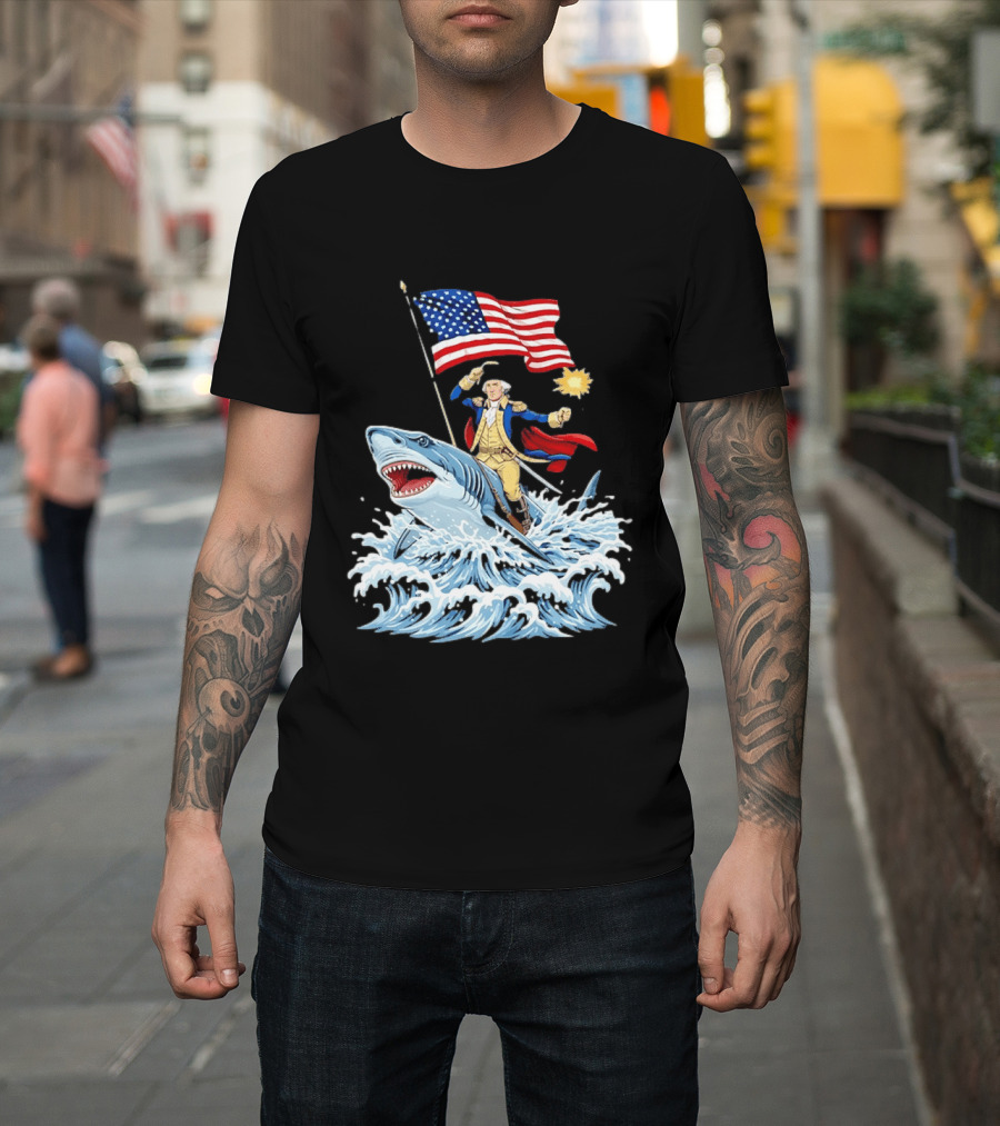 Shark Riding George Washington With American Flag Patriotic 4th Of July T-Shirt