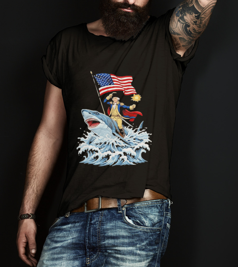Shark Riding George Washington With American Flag Patriotic 4th Of July T-Shirt