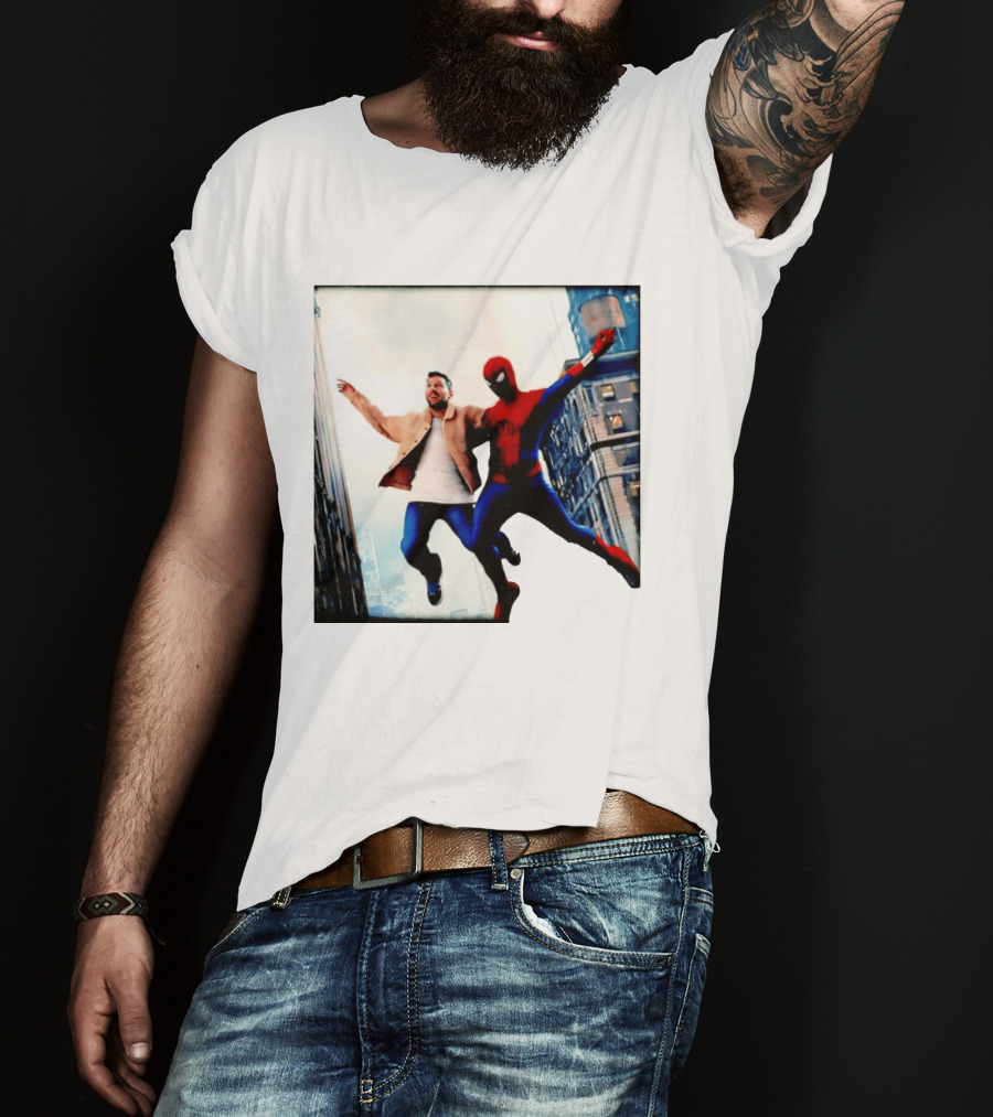 Lionel Messi And Spider Man Jump In City Marvel Cinematic Universe T-Shirt