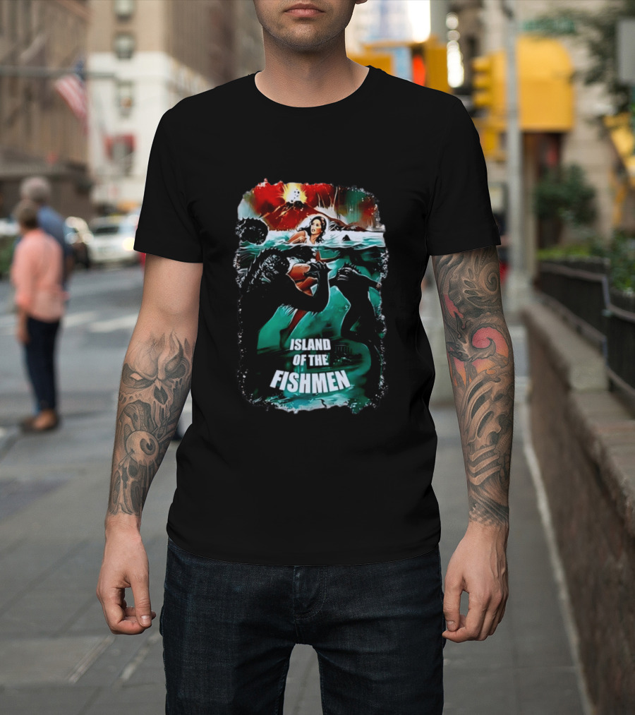 Island Of The Fishmen Vintage Movie Scene With Sea Monsters And Volcano T-Shirt