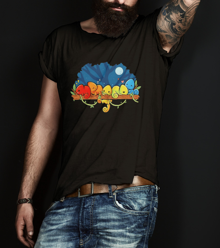 Colorful Chameleons Sitting On A Tree Branch Under Night Sky With Moon And Hearts T-Shirt