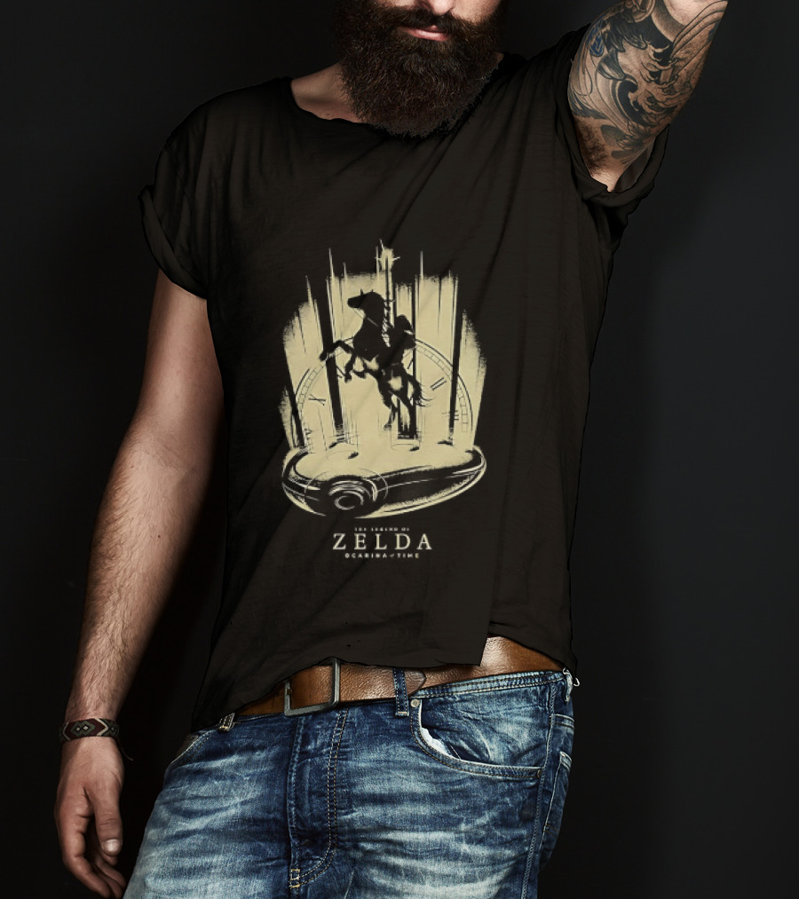 Link Riding Epona Castle Background Zelda Ocarina Of Time T-Shirt