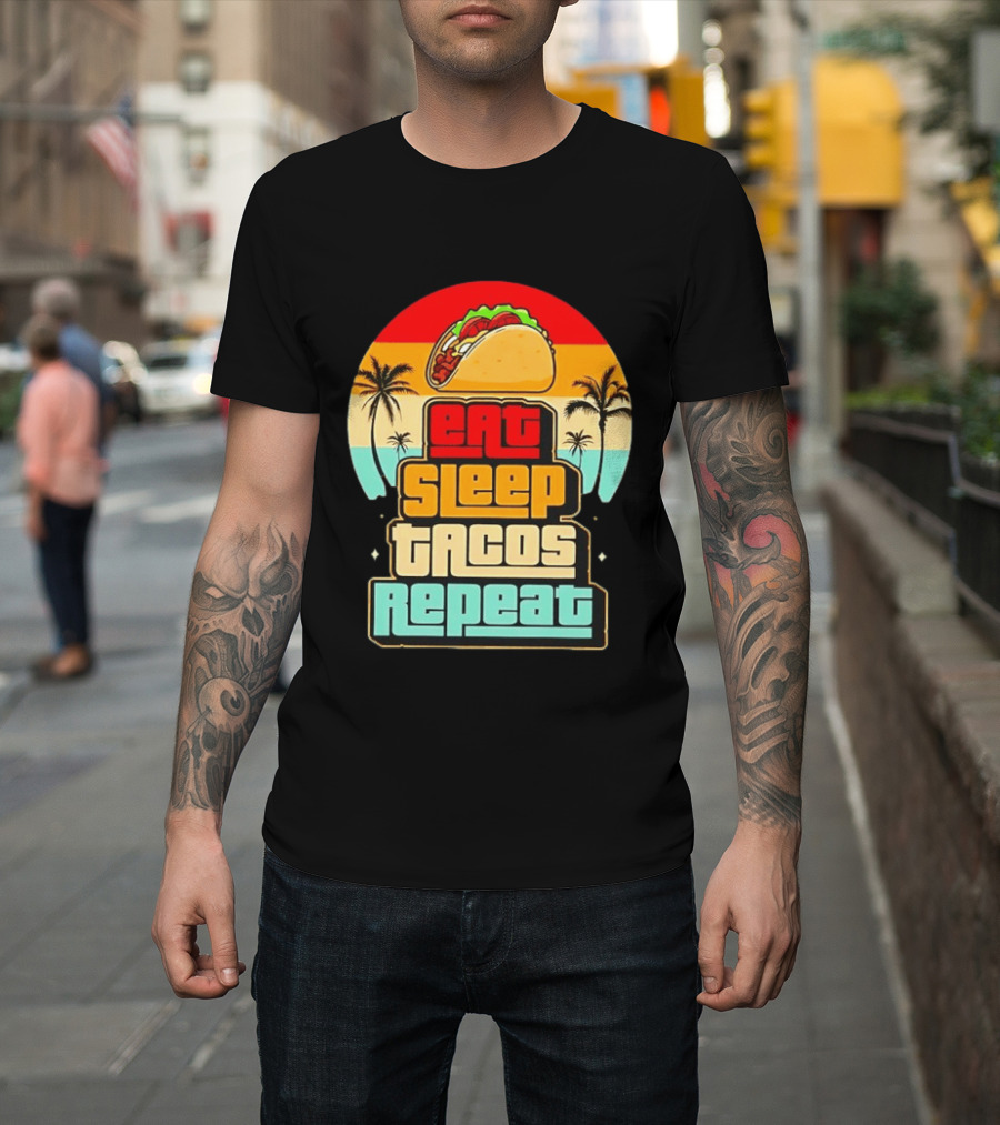 Eat Sleep Tacos Repeat Gaming Retro Sunset Palm Trees T-Shirt