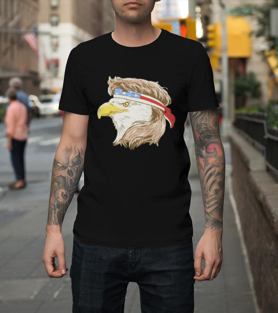 Bald Eagle With American Flag Bandana And Patriotic Hair T-Shirt