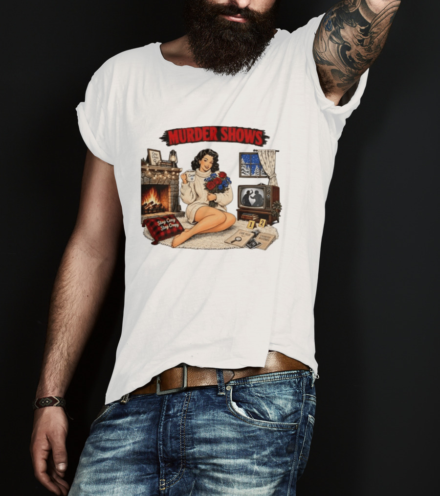 Murder Shows Cozy Creepy Mystery Scene With Fire, Roses, And Vintage TV T-Shirt