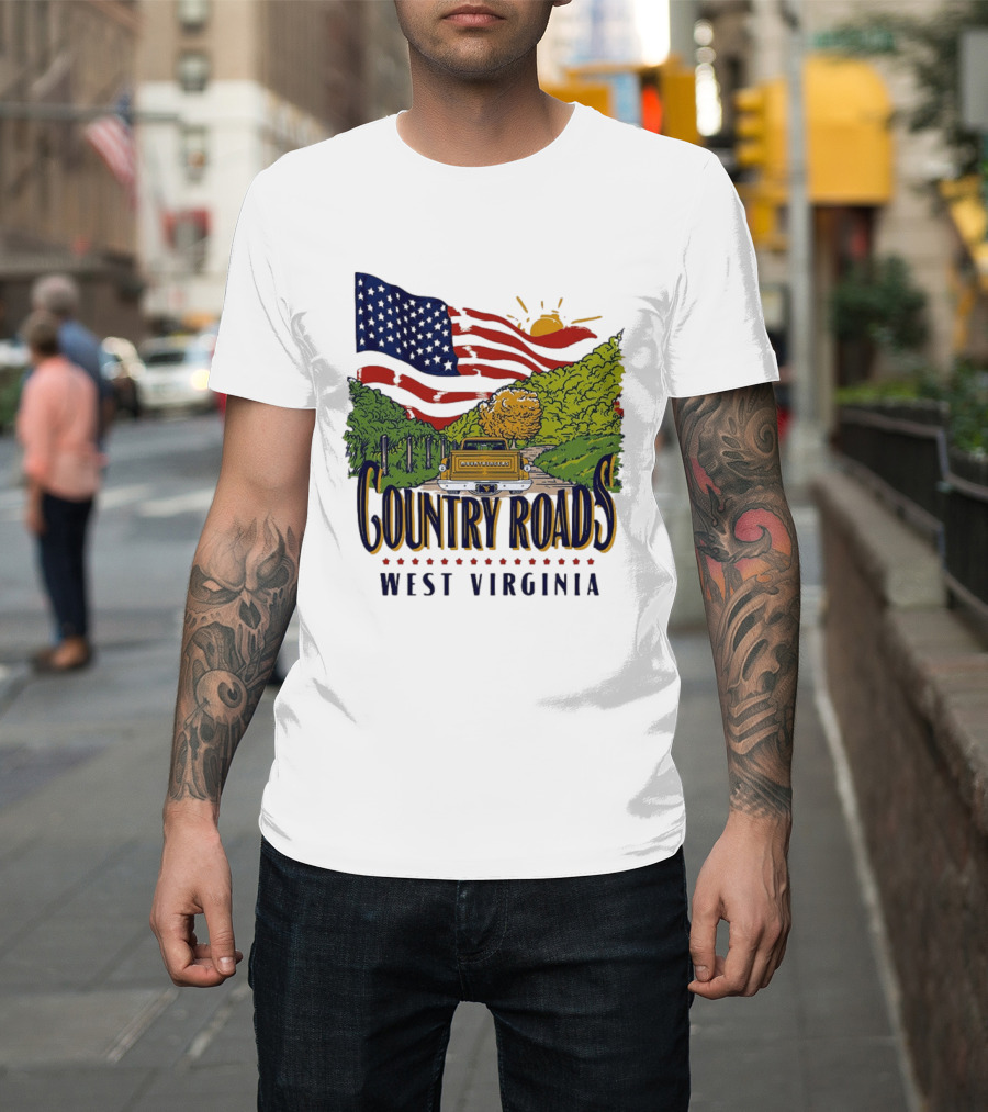 Country Roads West Virginia American USA Flag Vintage Truck Scenic Route T-Shirt