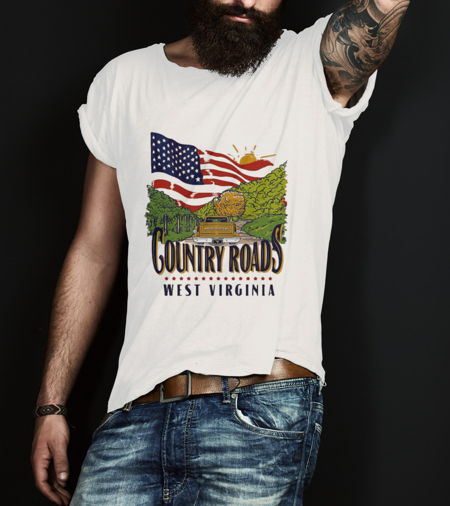 Country Roads West Virginia American USA Flag Vintage Truck Scenic Route T-Shirt