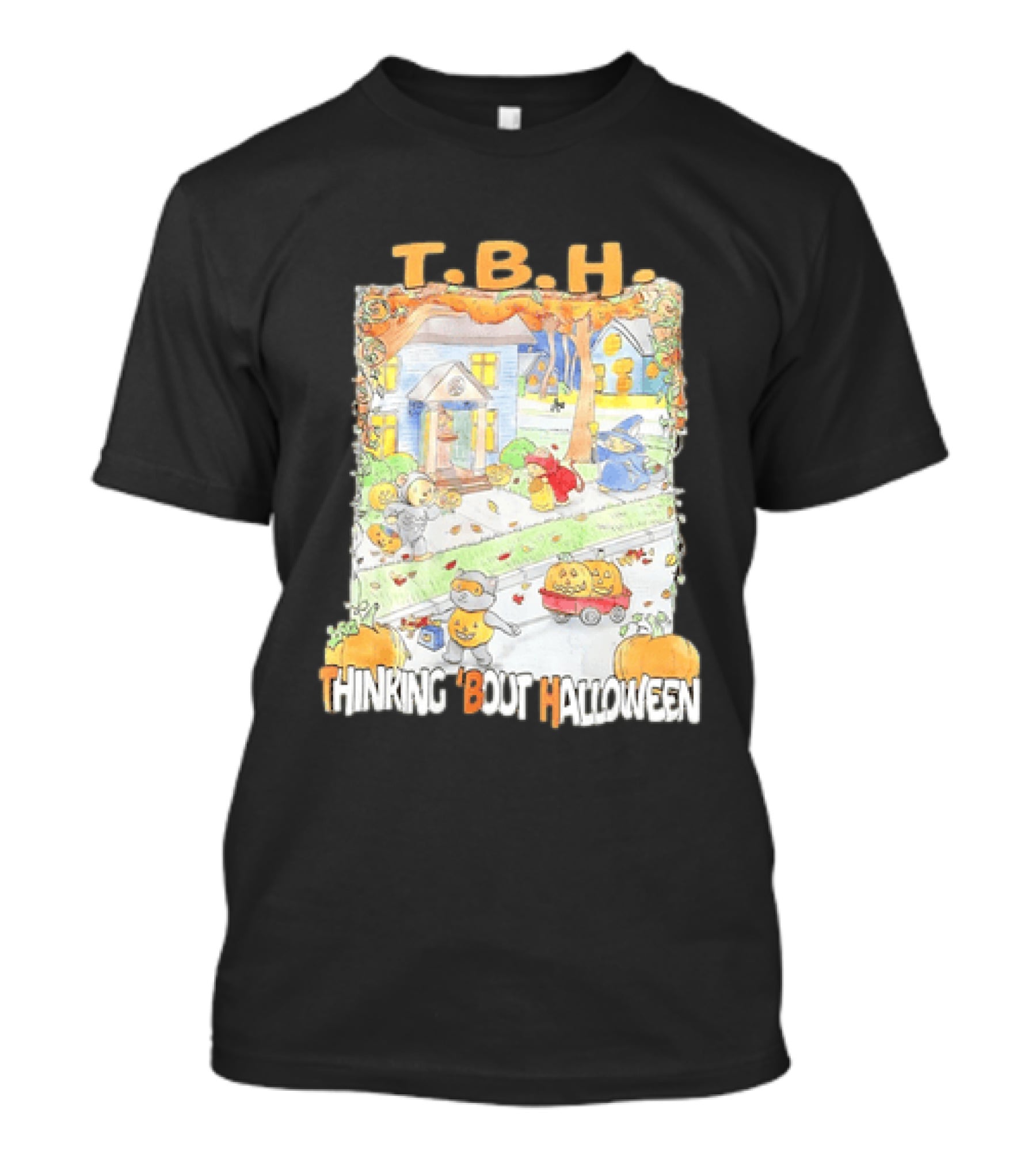TBH Thinking 'Bout Halloween Animal Trick Or Treaters Fall Street Scene T-Shirt