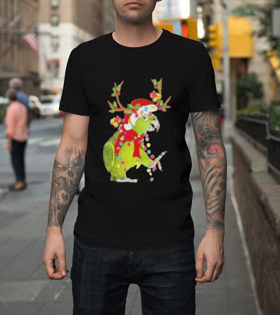 Festive Parrot Wearing Santa Hat And Reindeer Antlers T-Shirt