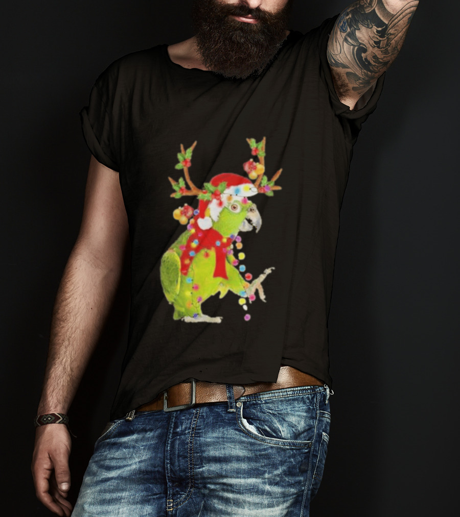 Festive Parrot Wearing Santa Hat And Reindeer Antlers T-Shirt
