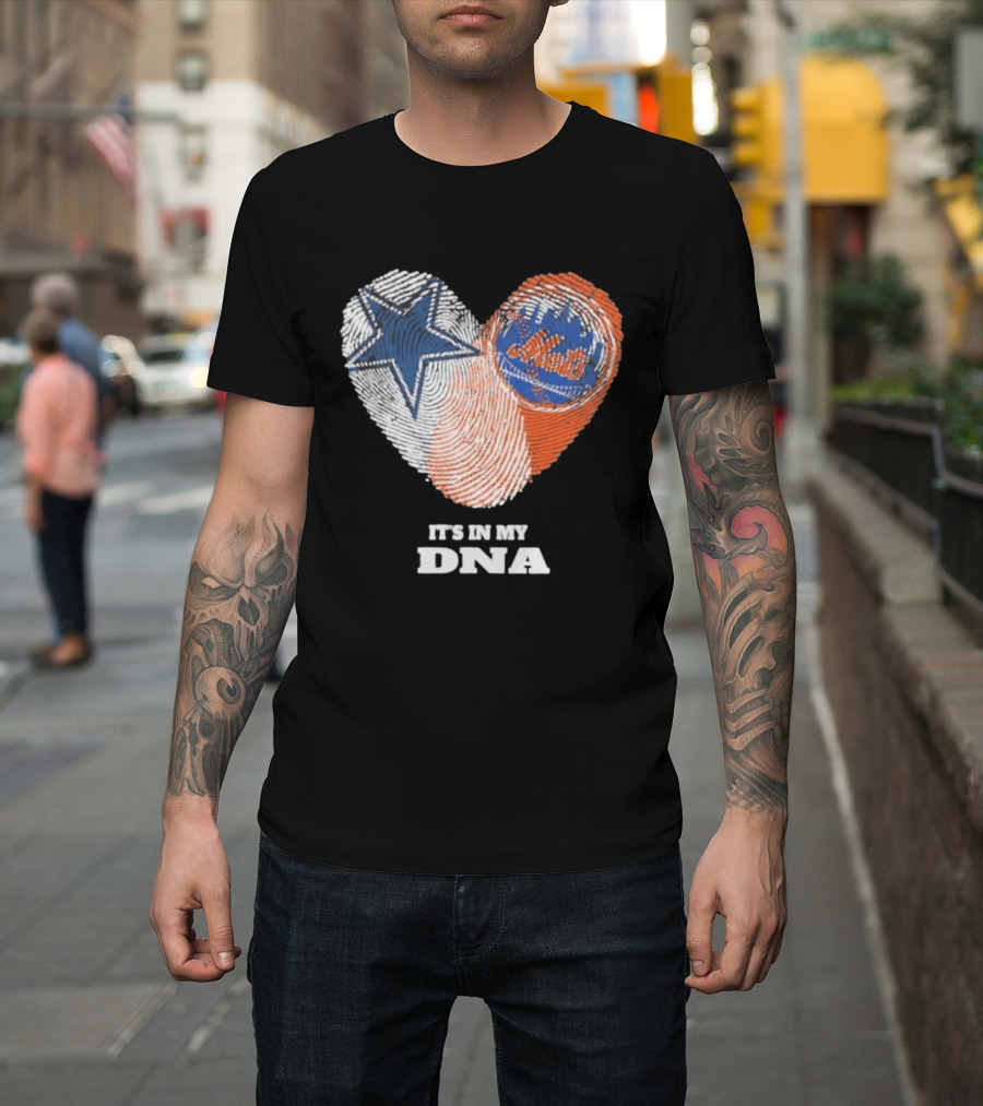 IT'S IN MY DNA Dallas Cowboys New York Mets Fan Fingerprint Heart T-Shirt