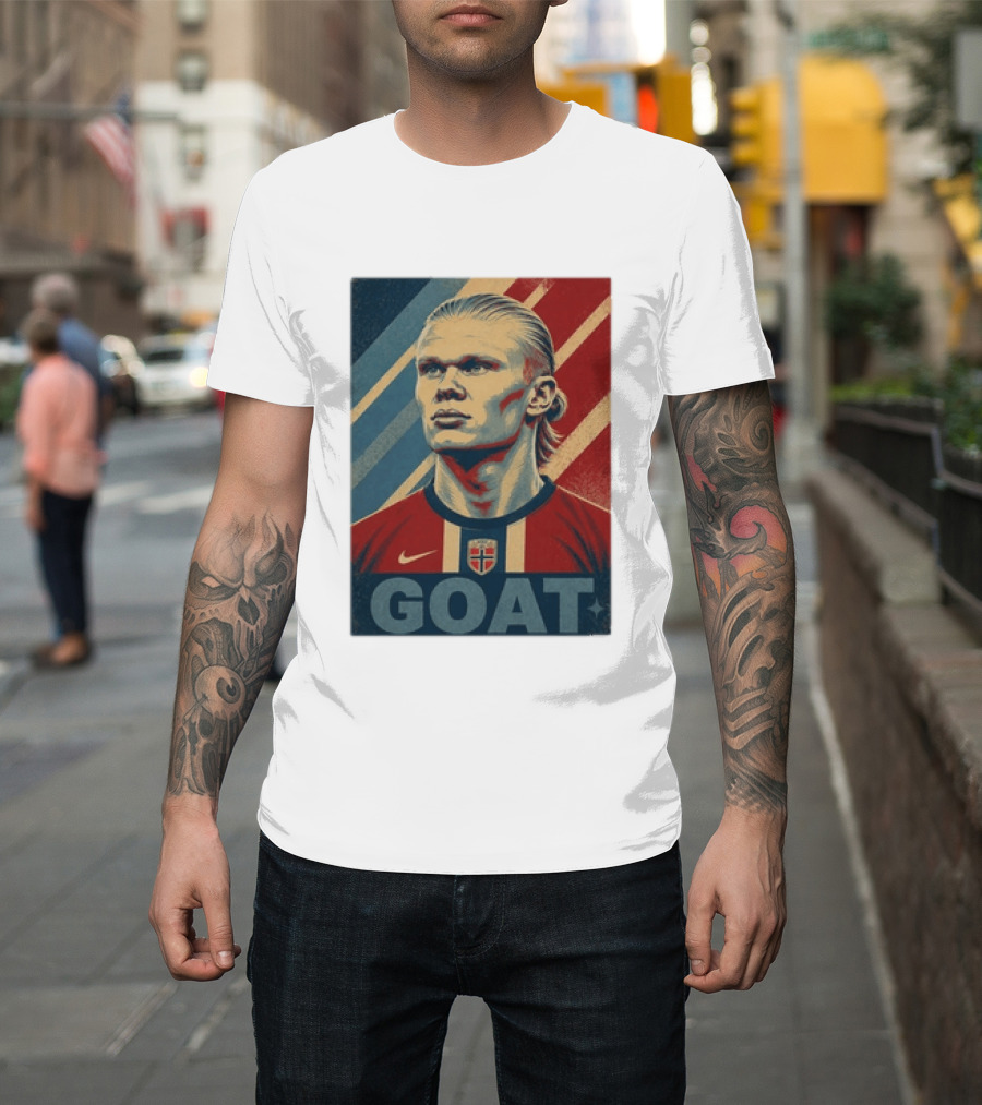 Erling Haaland G.O.A.T Norway Soccer Legend Iconic Red Blue Stripes T-Shirt
