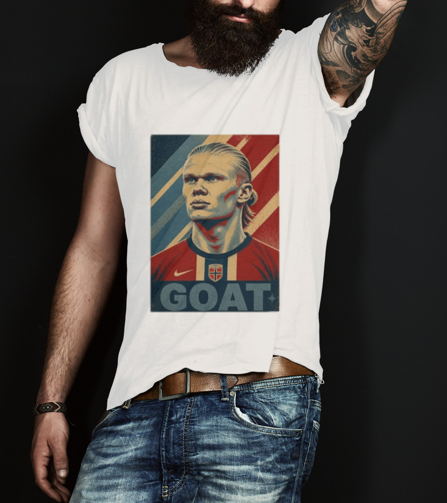 Erling Haaland G.O.A.T Norway Soccer Legend Iconic Red Blue Stripes T-Shirt