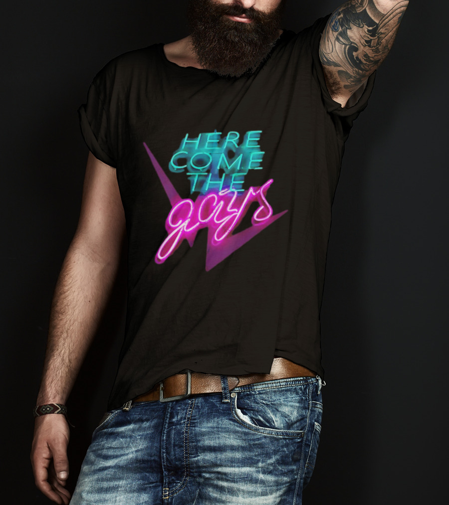 Here Come The Gays Neon Sign Vibrant LGBTQ+ Pride T-Shirt